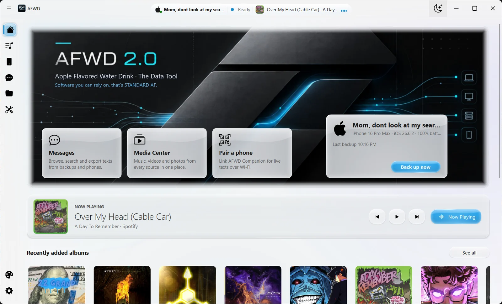 AFWD 2.0 home screen in light mode
