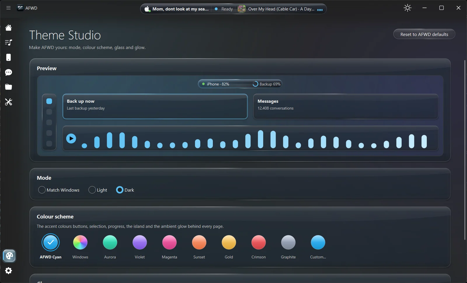 AFWD Theme Studio with a live preview, light and dark mode, and colour schemes such as AFWD Cyan, Aurora, and Sunset