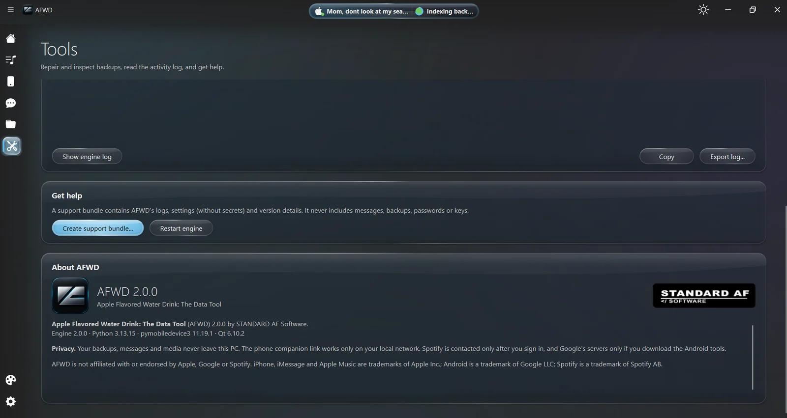 AFWD Tools page with the engine log, a support bundle option, and About AFWD 2.0.0 with its privacy statement