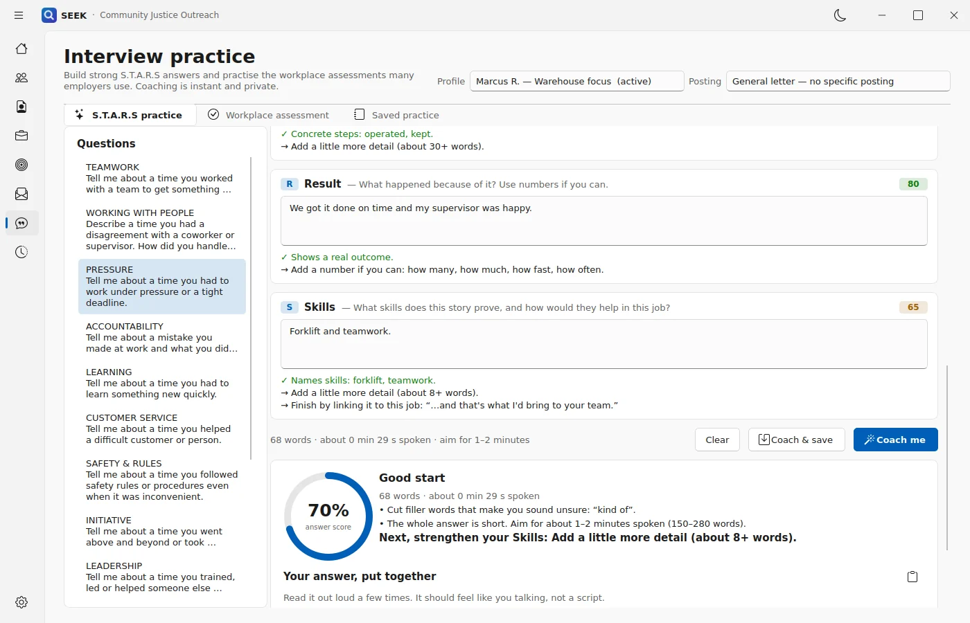 SEEK S.T.A.R.S. interview practice with coaching on each answer part and a 70 percent answer score