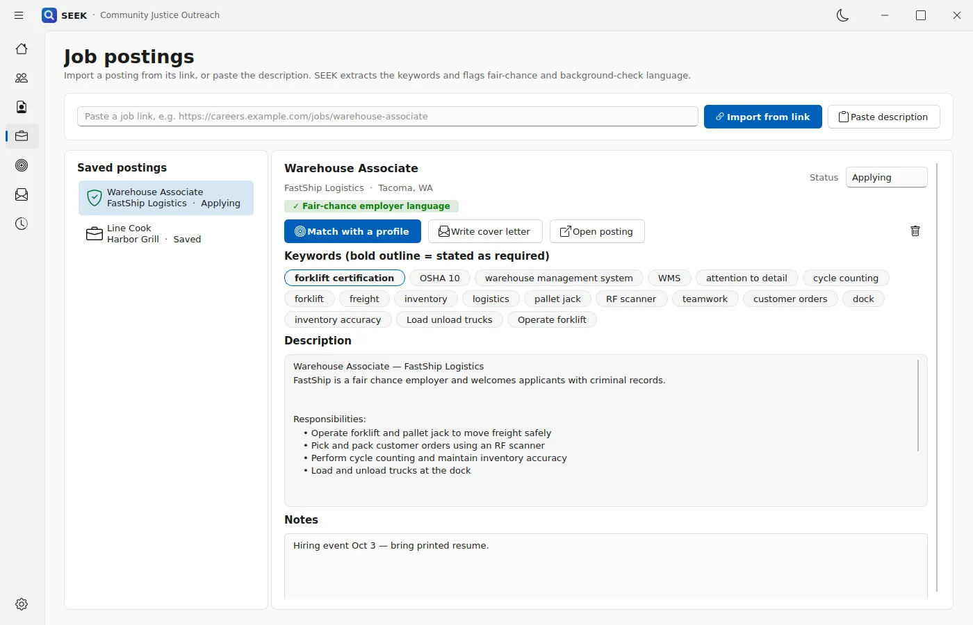 SEEK job postings page with a saved posting marked as fair-chance employer language and extracted keywords