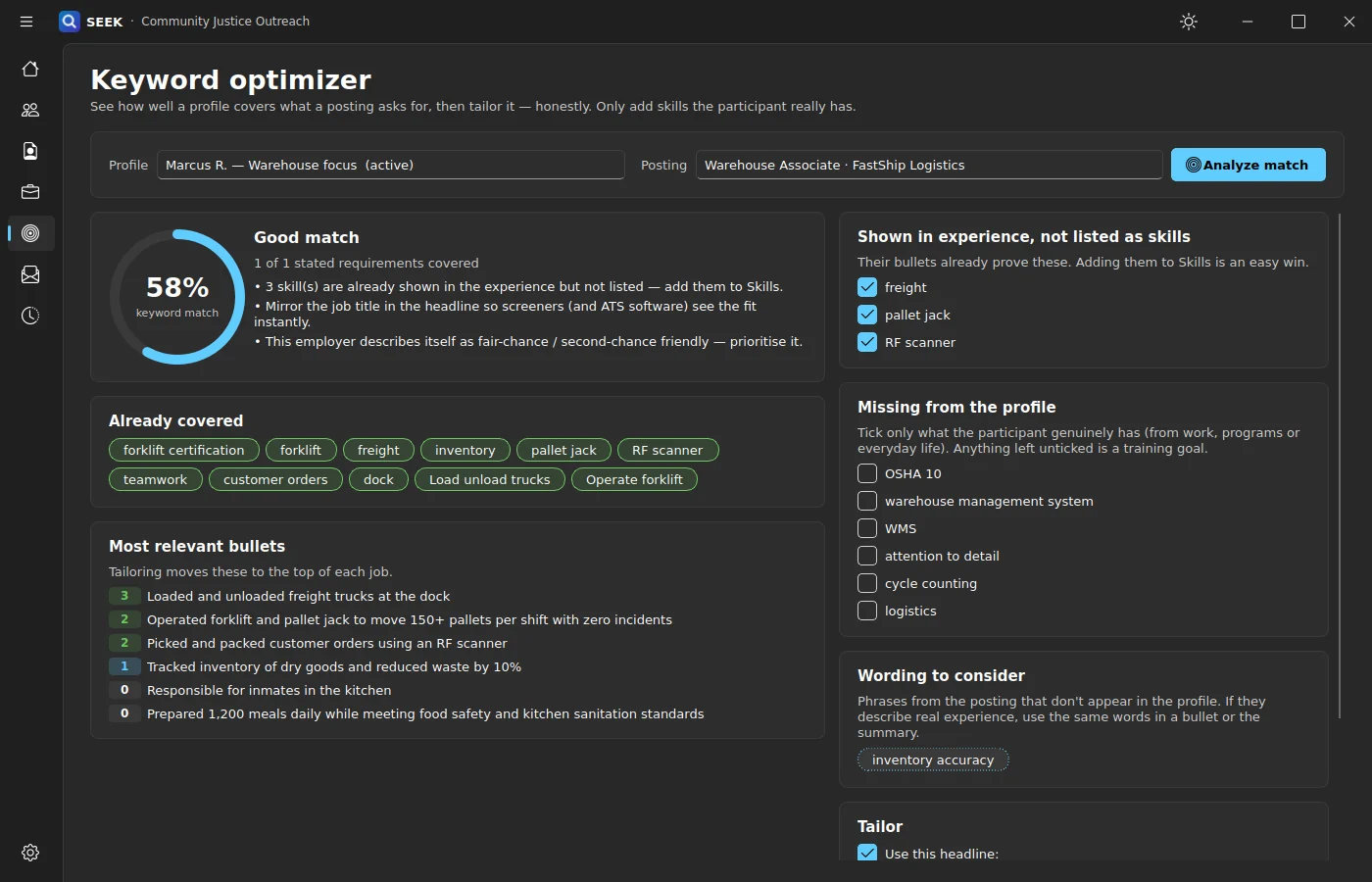 SEEK keyword optimizer showing a 58 percent match, covered keywords, and skills missing from the profile