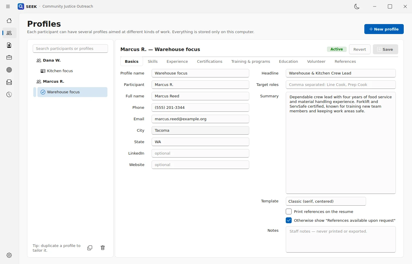 SEEK Profiles page showing a participant with a Warehouse focus profile and profile tabs